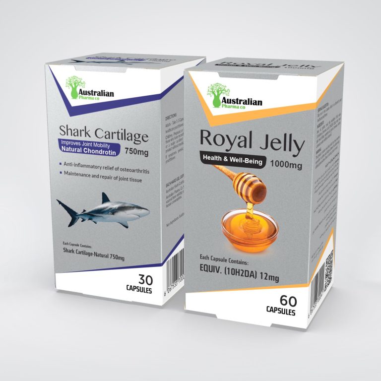 Royal jelly supplement box design for dibadaru with silver and gold detailing for 60 capsules.