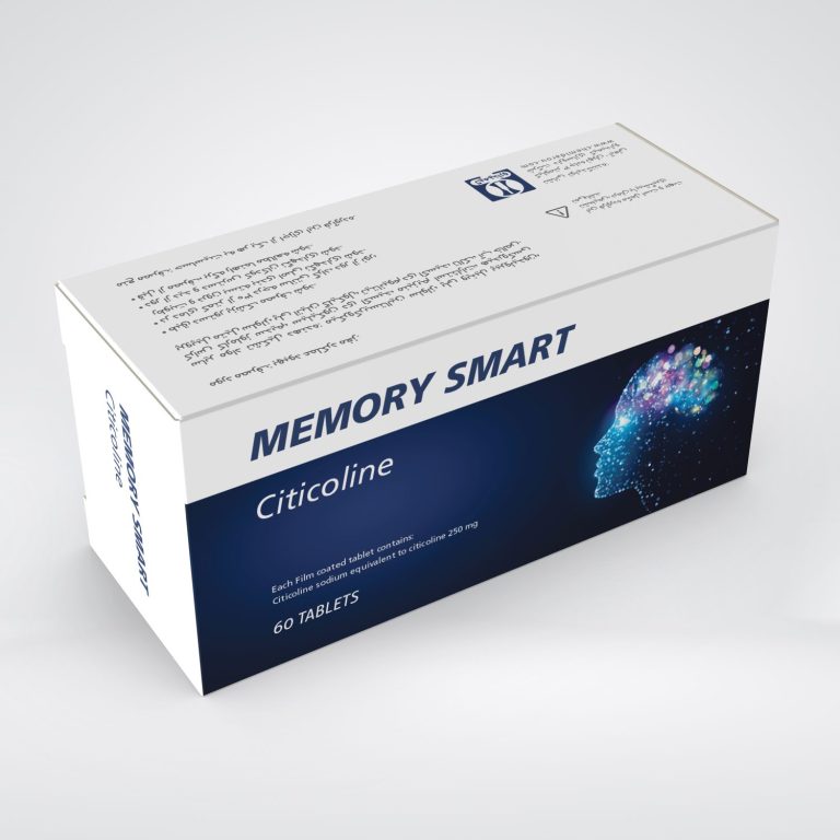 Memory smart citicoline box packaging was designed by packsho graphics for chemidaru pharmaceuticals. The packaging holds 60 tablets and complies with pharmaceutical standards.