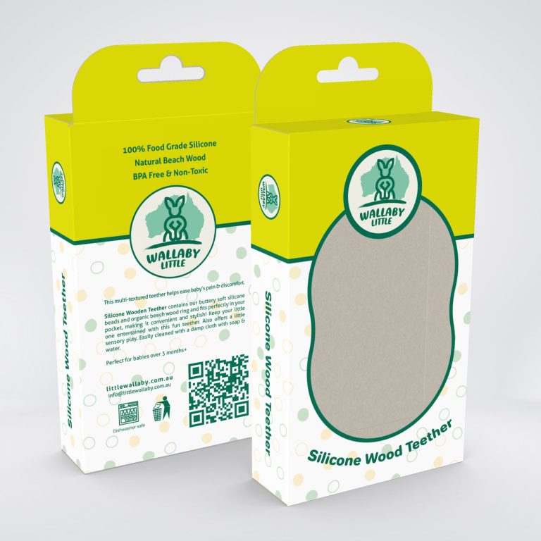 Side view of the Little Wallaby teether packaging, highlighting the bright green and playful design elements.