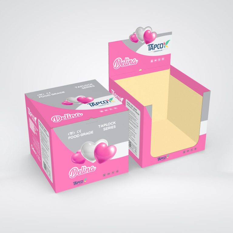 Tapco delina containers master carton box with pink and grey color scheme, designed for both shipping and product display.