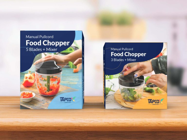 Topco manual chopper packaging mockup, showcasing product features and consistent brand design.