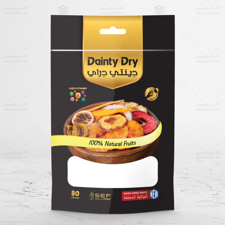 Luxury packaging for dinty dry’s 80g mixed dried fruit pouch.